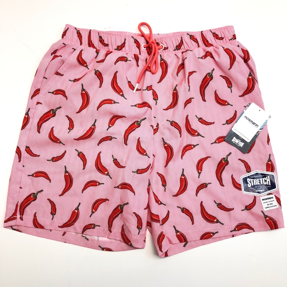 Mosmann Australia Swim Shorts Large Red Hot Peppers Print Stretch Quick Dry